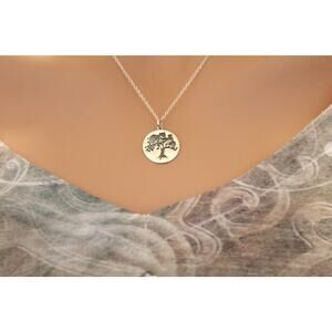 Sterling Silver Etched Oak Tree Charm Necklace, Silver Etched Oak Tree Necklace